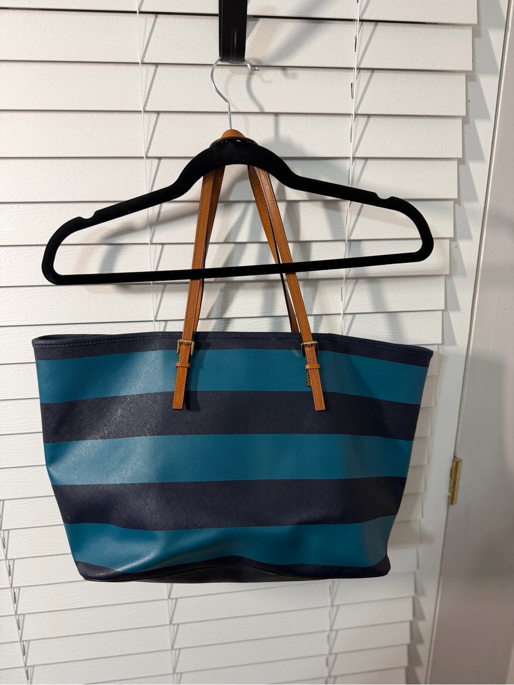 MICHAEL KORS Teal & Navy Striped Tote with Tan Leather Handles - Picture 5 of 5